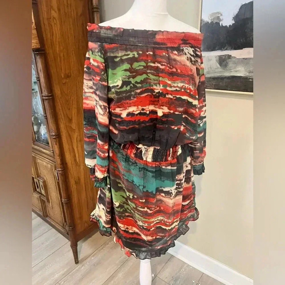 NEW R Cinco Ranch Off Shoulder Abstract Print Elastic Waist Dress S Boho - Picture 1 of 10